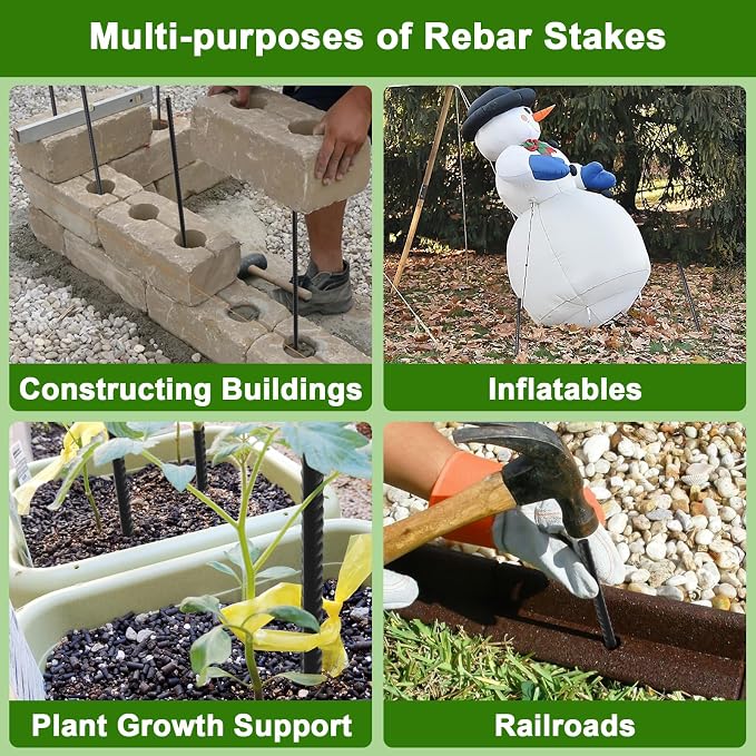AAGUT 16 Inch Rebar Stakes Heavy Duty 16 Pack 3/8" Diameter Landscape Timber Spikes, Straight Stakes with Chisel Point End, Ground Anchors for Camping Tent, Garden Plant Support, Concrete, Black