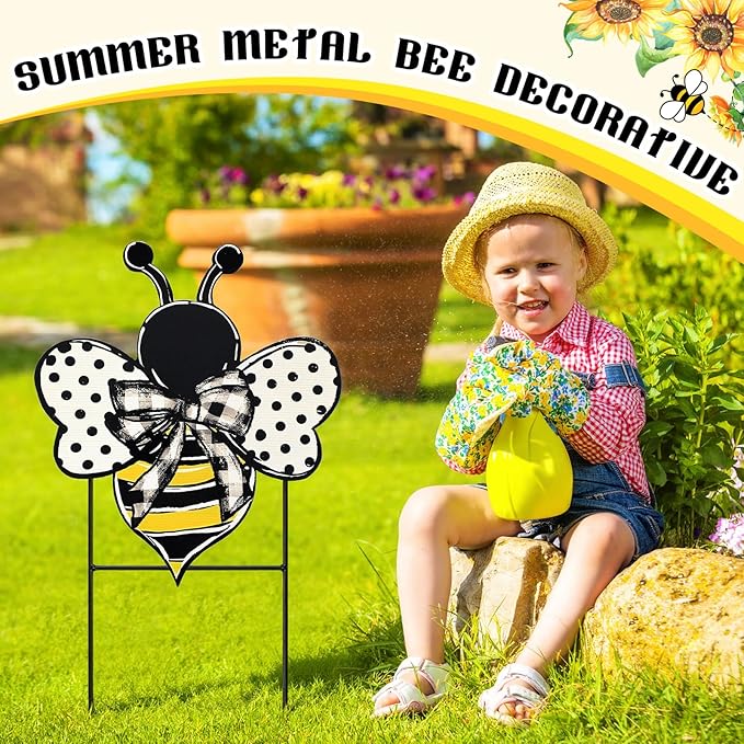 Weysat Summer Yard Sign Polka Dot Bee Metal Decoration Outdoor 13.7 Inch Summer Decoration for Home Outdoor Honey Bee Welcome Porch Decor with Stakes Waterproof for Garden Patio Lawn Party Walkway
