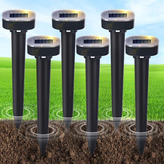 6 Pack Mole Repellent Solar Powered, Snake & Skunk & Vole & Gopher & Armadillo & Rabbit & Groundhog & Chipmunk & Raccoon Repellent for Yard, IP65 Waterproof Ultrasonic Deterrent for Lawns Garden