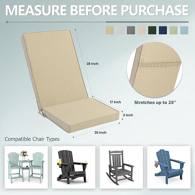 Adirondack Chair Cushion - Removable Cover, Water-Repellent & Fade-Resistant Faux Linen, Securing Straps, Non-Slip Bottom, Fit for Most Outdoor Adirondack & Rocking Chairs - Nature