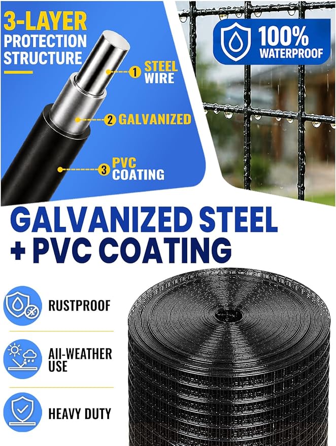 Black PVC Coated Hardware Cloth 1 in x 1 in Mesh, 36 Inch x 50 Foot Roll, 17 Gauge Welded Wire Fencing, Vinyl Coated Metal Wire Mesh for Chicken Coop, Garden Protection, Rabbit Cage, Poultry Netting