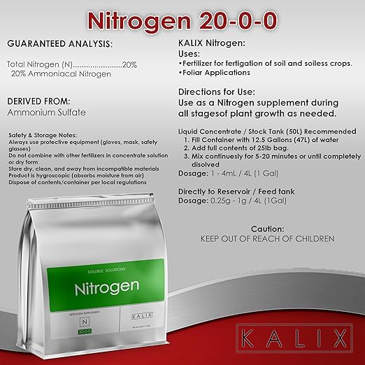 KALIX Nitrogen | 21-0-0 Ammonium Sulfate Fertilizer | Water-Soluble Nutrient for Vegetative Growth | Boosts Leafy Greens, Lawns, and High-N Demand Crops | Clean Feeding | 25 pounds