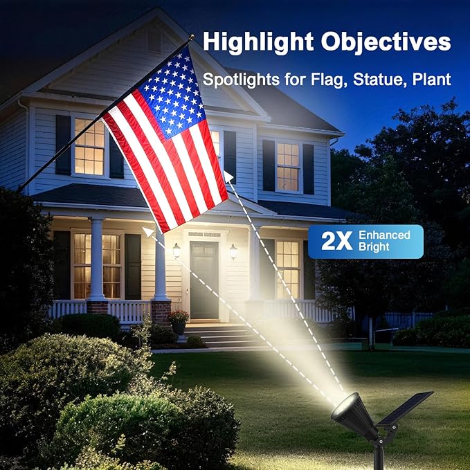 Solar Lights Outdoor Waterproof IP65, Cool White, 2 Lighting Modes, Solar Spotlights for Yard Garden Solar Spot Lights for Flag Landscape Auto On/Off-6 Pack