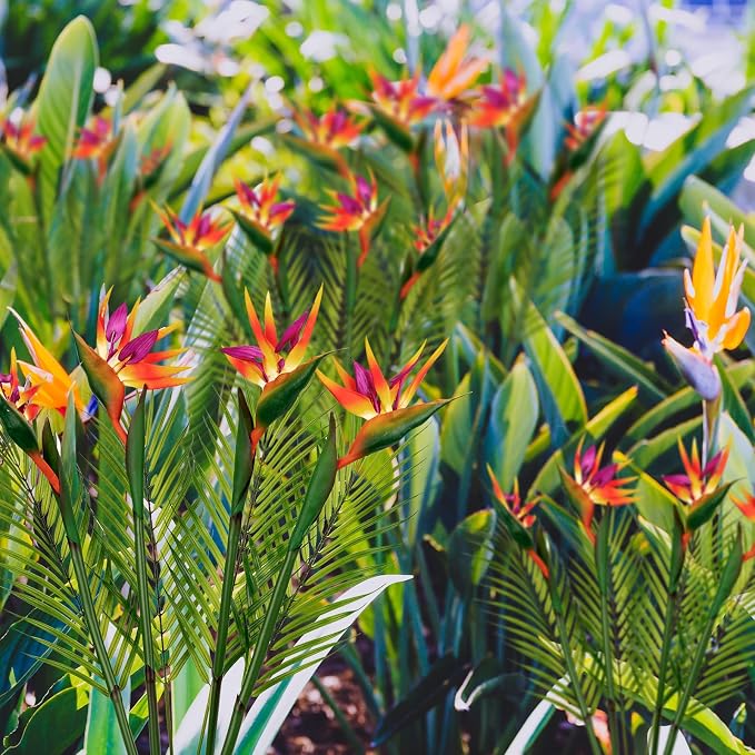 8 PCS Bird of Paradise Artificial Plant Combo Palm Leaves,4 Faux Bird of Paradise Plant with 4 Artificial Palm Leaves for Wedding Garden Office Home Indoor and Outdoor Decor(Orange)