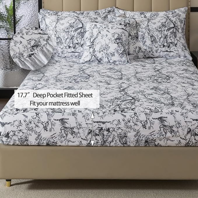 FADFAY Bird Sheets Set Queen 100% Egyptian Cotton Black and White Toile de Jouy Bedding Vintage Rose Floral Farmhouse Bedding Shabby Chinoiserie French Country Sheets Deep Pocket Soft Breathable 4Pcs