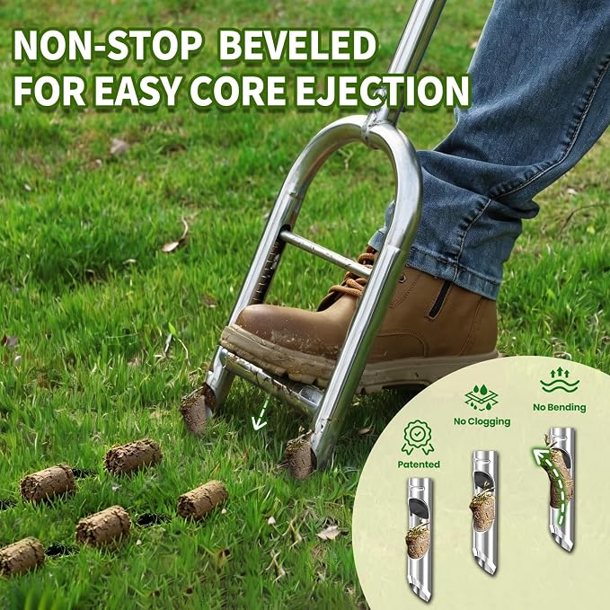 Manual Lawn Aerator Tool - Core Aerator with Step-to-Eject Technology for Never-Clogging Lawn Aeration, Heavy-Duty Steel Construction,Easy DIY Plug Aerator for Healthier Grass and Yard (Green)
