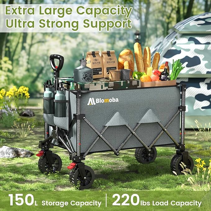 Blomoba Collapsible Wagon Cart, 150L Heavy Duty Foldable Beach Wagon with Wider Wheels & Auto-Rebound Handle, Utility Grocery Shopping Cart for Garden, Shopping, Camping, Sports, Gray