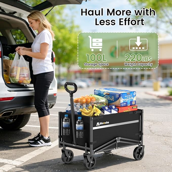 Blomoba Collapsible Wagon Cart, Flexible Handle, Portable Collapsible Wagon with All-Terrain Wheels 360° Rotation, 220LBS Heavy Duty Utility Cart for Garden Camping Grocery Sports Shopping Beach