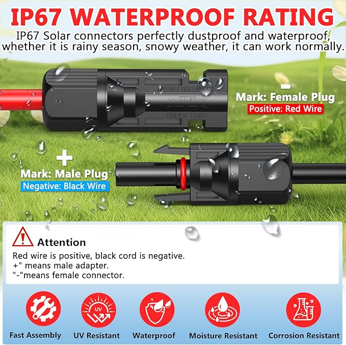 Vansdon 2x20 Feet Solar Panel Extension Cable, 12AWG Solar Cable, Solar Panel Cable with Female and Male Waterproof Connectors for RV, Photovoltaic Systems (20FT Red + 20FT Black)