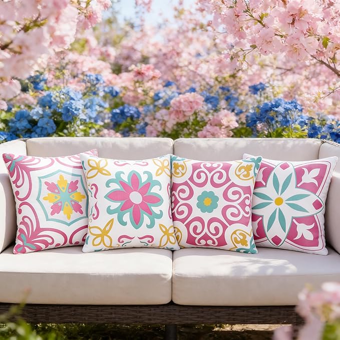 Pyonic Spring Summer Outdoor Pillows Waterproof Throw Pillow Covers Set of 4 Pink Green Floral Printed and Boho Farmhouse Outdoor Pillow Covers for Patio Funiture Garden 18x18 Inch
