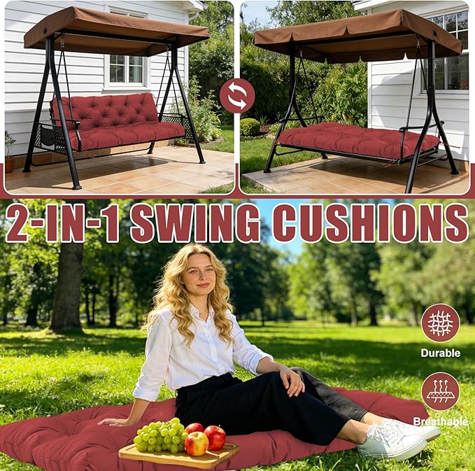 Porch Swing Cushions 60 inch Waterproof & Fade Resistant Thicken 5" Outdoor Swing Cushions 3 Seater Replacement with Backrest & Ties Patio Swing Cushions for Outdoor Furniture (Wine Red)