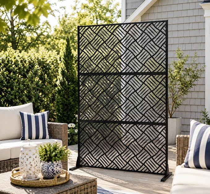Metal Privacy Screen with Stand, 72" H x 47" W Outdoor Freestanding Privacy Panels, Durable Steel for Patio Garden Balcony or Backyard
