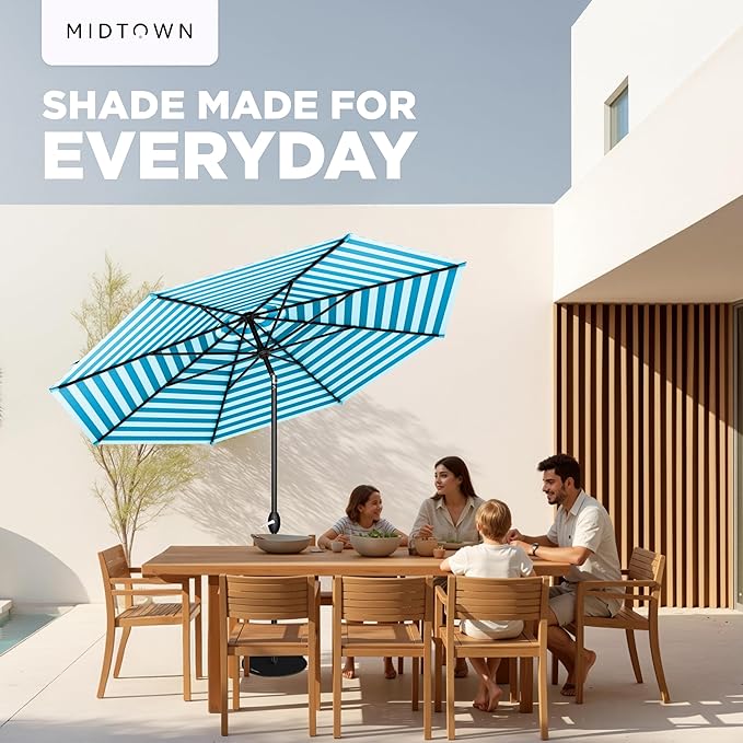 Midtown Umbrellas - 10-Year-No-Fade 10 Ft Patio Umbrella with Terylast Fabric, Auto-Tilt Aluminum Frame and 8 Reinforced Ribs for Deck, Pool, Garden & Beach - Blue/White Stripes Canopy, Black Pole