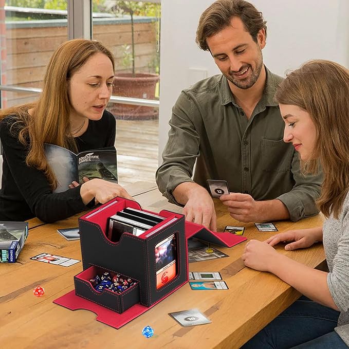 Card Deck Box for MTG with Commander Display Fits 100 Double-Sleeved Cards, Deck Case for EDH/TCG/Sports Cards with 2 Magnetic Card Holders (Black Red)