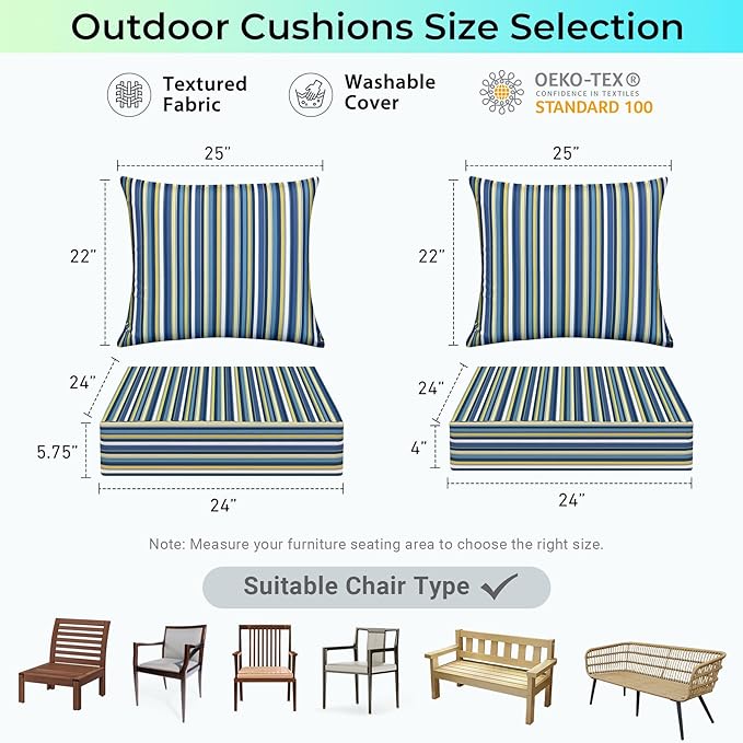 IPYNBAP Outdoor Cushions for Patio Furniture,Outdoor Seat Cushion Set 24 x 24 x 5.75 Inch,Waterproof & Fade Resistant Outdoor Chair Cushions,Deep Patio Chair Cushion with Removable Cover,Blue Stripe