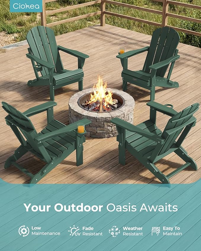 Ciokea Folding Adirondack Chair Wood Texture, Patio Adirondack Chair Weather Resistant, Plastic Fire Pit Chair with Cup Holder, Lawn Chair for Outdoor Porch Garden Backyard Deck (Green)
