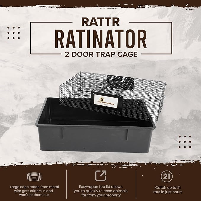 Rugged Ranch Ratinator Live Rat and Mouse Trap Cage, Humane Multi Catch Rodent Control - Indoor or Outdoor Large Metal Wire Catcher with Dual Door for Rats and Mice