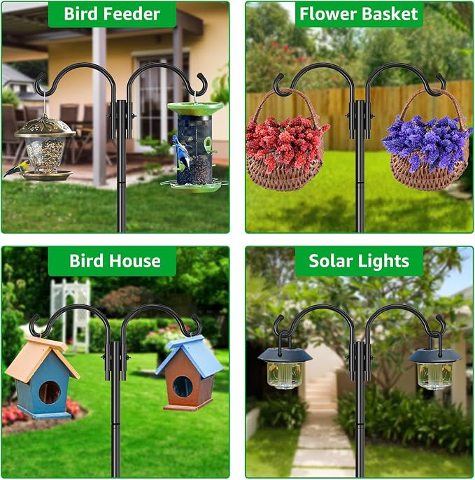 GOFORWILD Double Shepherds Hook for Outdoor, with 5-Prong Base, 76inch Adjustable Metal Bird Feeder Pole for Hanging Bird Nest, Plant Basket,Lantern,Solar Light 1 Pack
