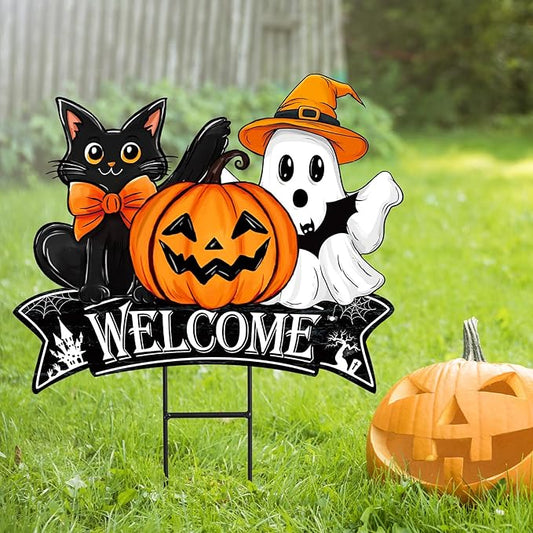 JarThenaAMCS Vintage Halloween Metal Garden Stake Pumpkin Ghost Black Cat Decorative Lawn Sign Welcome Yard Sign for Trick or Treat Party Home Outside Lawn Porch Decor