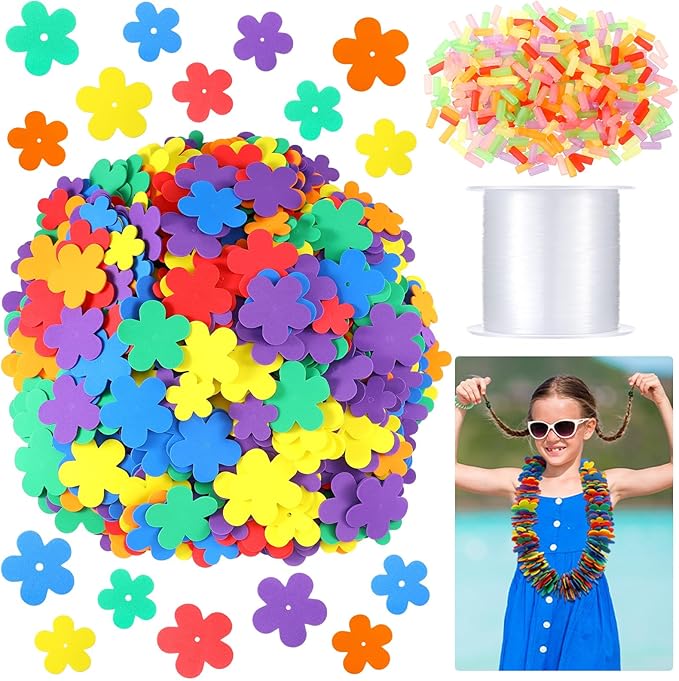Wettarn 24 Pcs Hawaiian Lei Making Craft Kit Makes Foam Flower Necklace VBS Vacation Bible EVA Flowers Foam Luau Crafts DIY Floral for Luau Tropical Party Decoration (Flower)