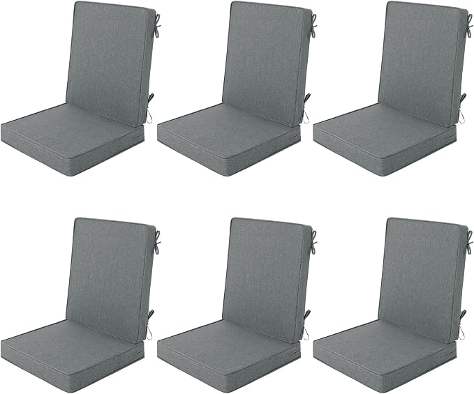 Outdoor Chair Cushions 20x20, Water-Resistant & Fade-Resistant, Patio Furniture Lawn Dining Chair Seat Replacement with High Back, Ties Zipper, Removable Cover, Set of 6, Dark Grey