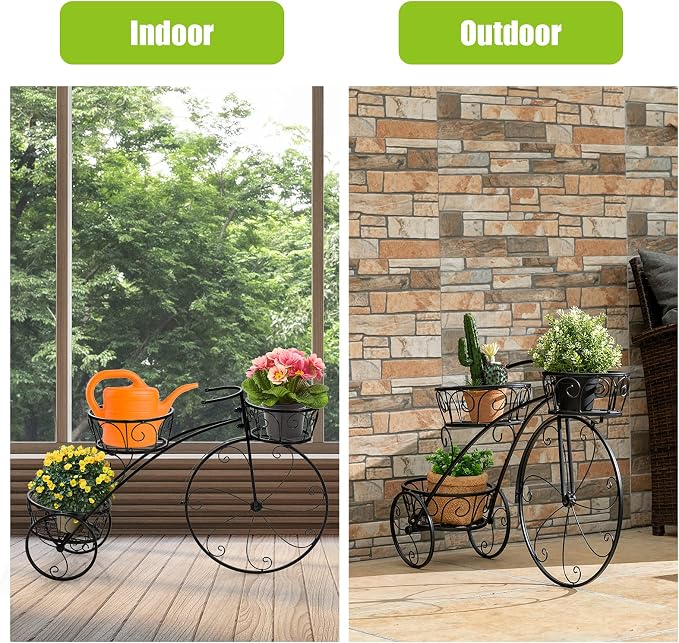Bicycle Planter, Flower Pot Stand with 3 Decorative Wheels, 3 Collection Baskets, Metal Steel Frame, Tricycle Plant Stand for Outdoor, Indoor, Home, Balcony, Patio, Garden, Backyard