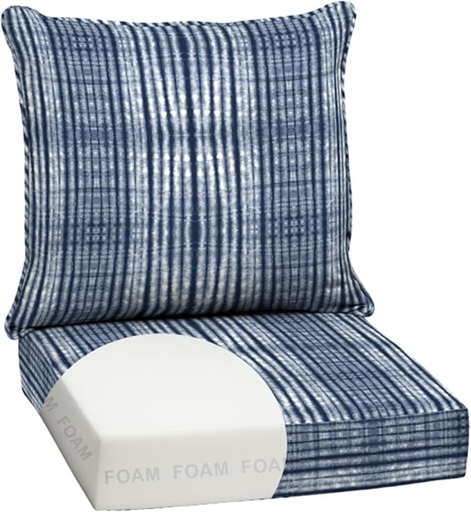 Arden Outdoor Foam Deep Seat Cushion Set, 24x24, Premium High-Density Foam, Never Flattens, Weather-Proof for Patio Chair Sofa Couch, Blue Shibori Stripe