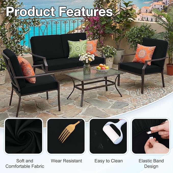 hyha Waterproof Outdoor Cushion Covers for Patio Furniture, Stretch Patio Chair Cushion Slipcovers, Coated UV Resistant Replacement Seat Covers, Solid Color (Black, 12PC)