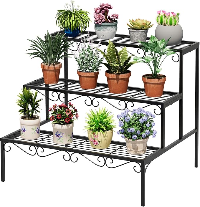 Plant Pot Stand Shelf, 3 Tier Flower Ladder Display Rack, Metal Succulent Plants Storage Holder for Outdoor and Indoor, Black
