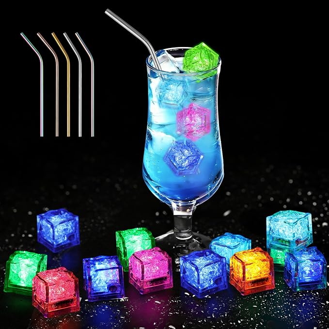 80 Pack Light Up Ice Cubes for Drinks, Liquid Activated LED Ice Cubes with 5 Straws, Reusable, Food-Grade Multi-Color Glowing Ice Cubes for Bars, Clubs, Wedding, Bath Decorations