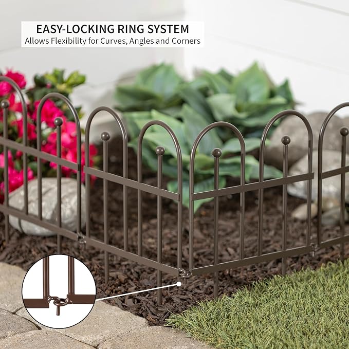 Evergreen Iron Garden Fence Edging 10" Tall Above Ground, 7.5 feet Long for Flower Bed, Yards, Lawn | Decorative Edging | Rustproof Gunmetal Finish | Decorative Fencing