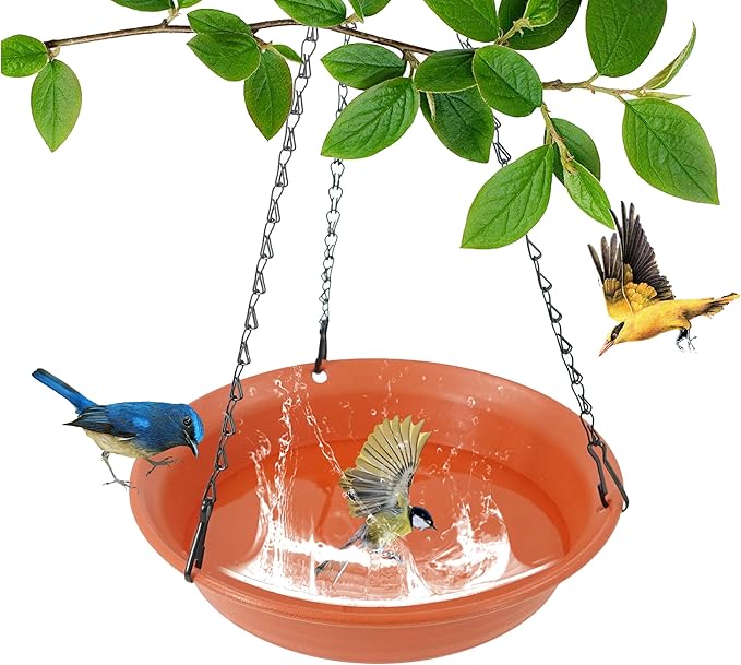VUWEZ Hanging Bird Bath, Hanging Bird Water Feeder for Outdoors, Feeder Bowl, 1 Pack Birdbath Tray Accessories for Outside, Plastic Birdbaths Tray for Garden Patio Decoration (10", Terra Cotta)