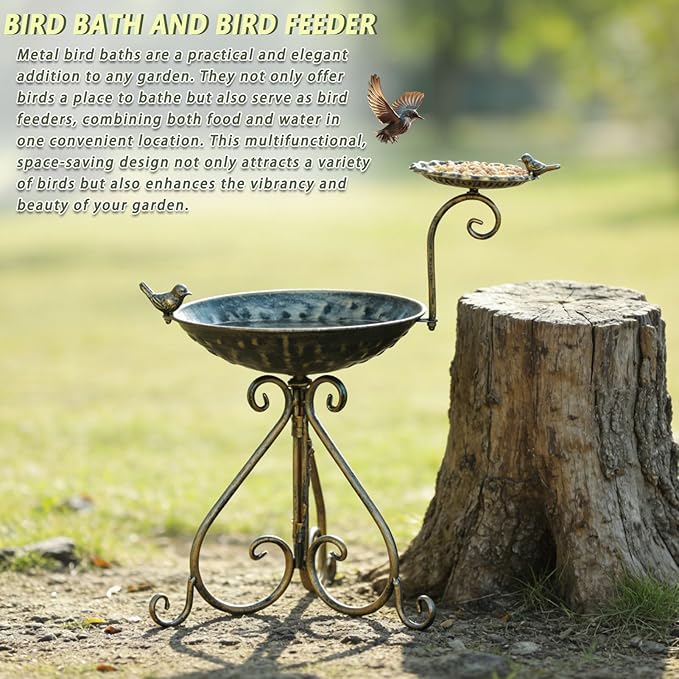 Bird Baths for Outdoors, Free-Standing Bird Bath and Bird Feeder 2-in-1 Design, Metal Bird Bath Stand and Bird Feeder Seed Tray for Garden Yard Decor