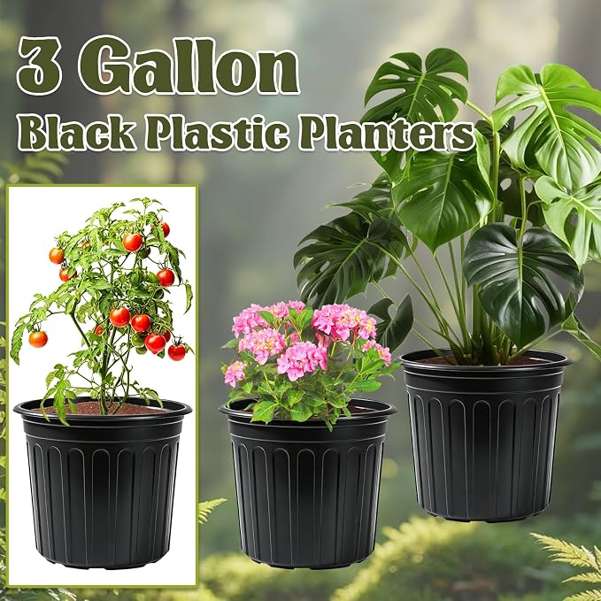20 Pack 3 Gallon Plant Nursery Pots,Plastic Seedling Pot with Drainage Holes,Large Flexible Garden Flower Plant Container for Indoor Outdoor Plants,Potting,Cuttings,Transplanting,Black
