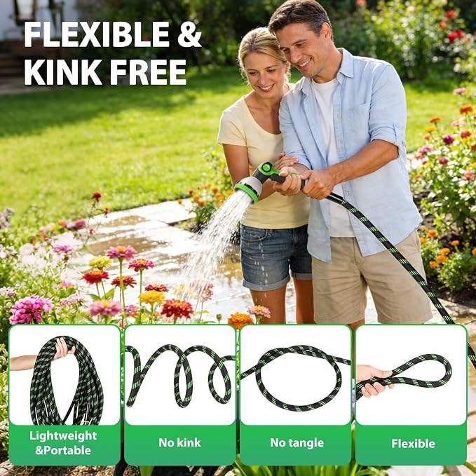 Garden Hose 50 ft Water Hose Flexible Non-Expandable Outdoor Heavy Duty Lightweight Leakproof Kink-free flex Watering Hose Pipe for 3/4 inch Fitting Yard Lawn Outside Car Wash