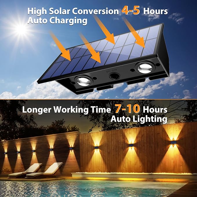 Solar Fence Lights Outdoor,6 Pack Solar Wall Lights Up and Down Waterproof Brighter LED Focus Lens Dusk to Dawn Fence Lights Solar Powered for Patio/Backyard/Porch/Railing/Step