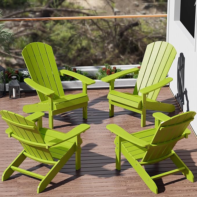 YEFU Adirondack Chairs Set of 4: Outdoor Chair HIPS Plastic Adirondack Chairs - Patio Chairs with Wood Texture - Lawn Fire Pit Deck Porch Garden Chairs for Adults (Kelly Green)
