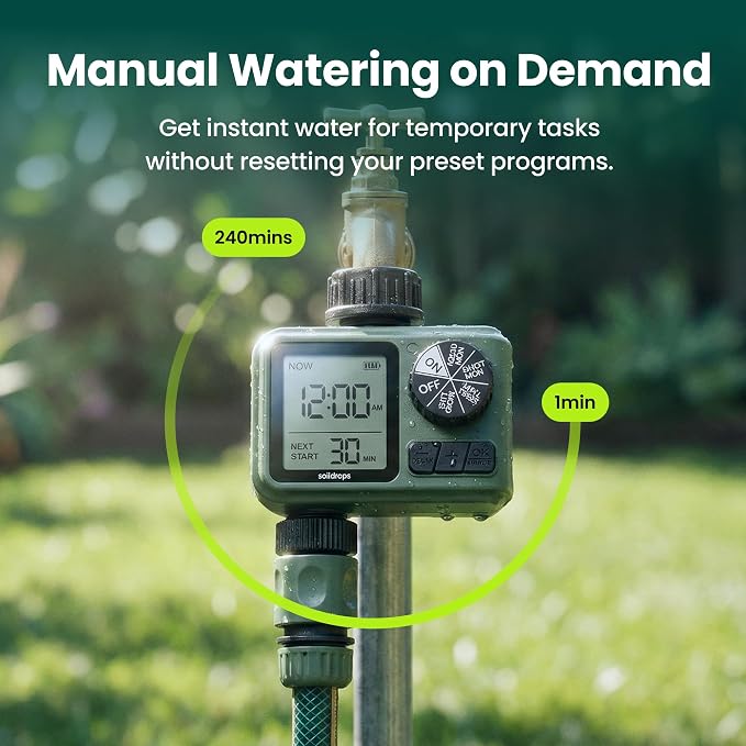 Sprinkler Timer for Garden Hose, Programmable 1 or 2 Outlet Controller with Self-Cleaning Valve, 15-Day Frequency, Large Dial, Rain Delay & Auto-Off, IPX5