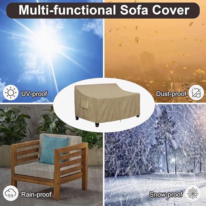 PureFit Outdoor Couch Cover Waterproof Patio Sofa Furniture Covers, 2-Seater Outdoor Loveseat Cover with Air Vent and Handles, 60W x 35D x 35H Inches, Camel