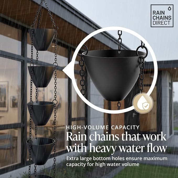 Rain Chains Direct Cascading Bowls Rain Chain - Heavy Rain Flow - for 8-10 Foot Drops - Heavy Duty - Large Cups - Durable Flat-Black Powder-Coated Aluminum - Premium Rain Chains for Gutters