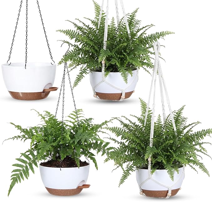 Sliner Set of 4-10 Inch Self Watering Hanging Planters Includes Hanging Pots and Outdoor Hanger Plant Pots with Drainage Holes 2 Types of Hanger Basket Hooks for Patio Garden(White Brown)