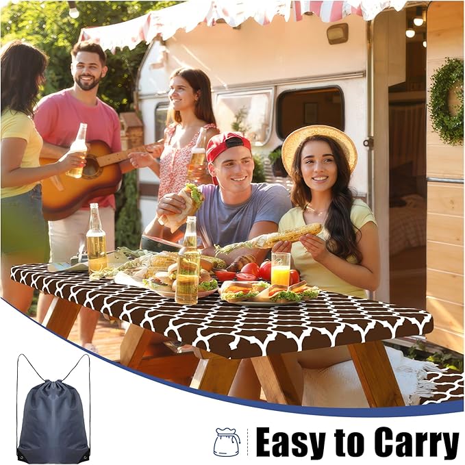 Smiry Picnic Table Cover with Bench Covers, Waterproof Elastic Fitted Tablecloth for 5 Foot Tables, Washable Polyester Tablecloths for Camping, Indoor & Outdoor (Coffee, 30x60 Inch 3-pc Set)