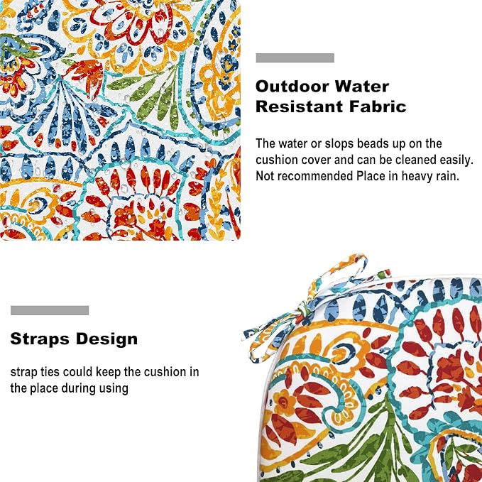 DYTXIII Set of 2 Outdoor Chair Cushions with Ties,Water Repellent Patio Chair Pads 17"x 16" for Outdoor Furniture,Round Corner Seat Cushions for Garden Yard Kitchen Paisley Multi