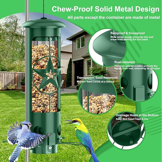 Squirrel Proof Bird Feeders for Outdoors Hanging, Metal Squirrel Proof Bird Feeder with Gravity Protection, 3LB Large Capacity Wild Bird Feeders for Outside Finch, Cardinal, Blue Jay (Green)