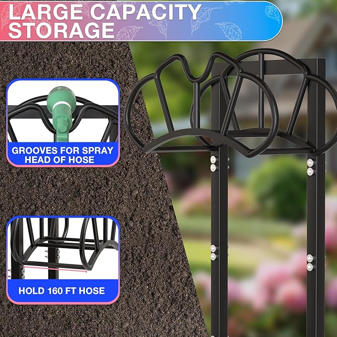 Qatsrin New Garden Hose Holder, Super Stable Water Hose Holders Stand Holds 160-Feet Hose, Rustproof Freestanding Hose Storage Hanger Rack for Outside Yard Lawn Farm, Black