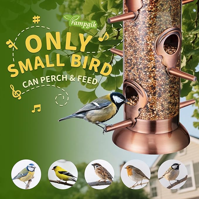 Bird Feeders for Outdoors,13 Inch 6 Ports Squirrel Proof Bird Feefers,Finch Feeder for Outside,Chew-Proof Metal Hanging Bird Feeder,Rust-Proof,Easy to Refill & Clean,Copper,Pack of 1