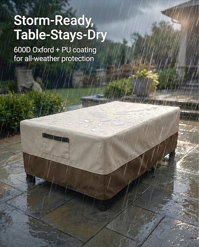 Waterproof Patio Coffee Table Cover, 600D Heavy Duty Outdoor Furniture Covers, Weather & UV Resistant, Windproof with Buckles, Rectangular Table Cover for Backyard Patio 42 x 26 x 16 in, Beige & Brown
