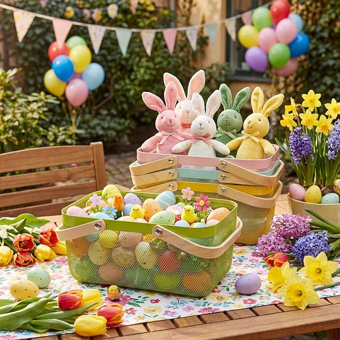 Sadnyy 4 Pcs Macaron Easter Metal Wire Storage Basket with Handle Mesh Harvest Durable Vegetables Fruit Toy Basket for Garden Organizing, Kitchen, Countertop, Closet, Bedroom (16 x 9.8 x 7.1 Inch)