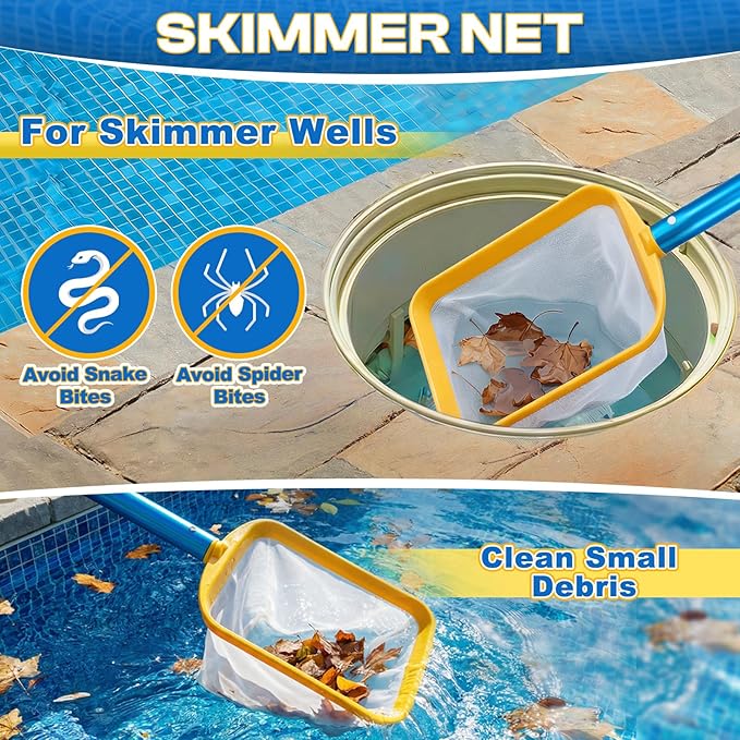 22.5in 2-in-1 Pool Skimmer Tool with Stainless Steel Hook and Detachable Fine Mesh Net, Includes Skimmer Basket Handle, for Above Ground and Inground Pools