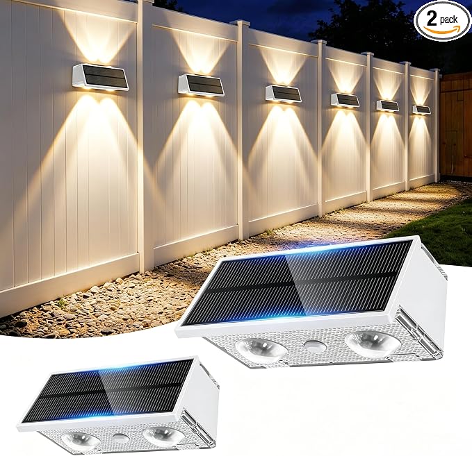 Solar Fence Lights Outdoor, 2 Pack 100LM Fence Lights Solar Powered, 9 Color Modes, Up and Down LED Focused Beam, 12H Dusk to Dawn Glow for Pool/Patio/Wall/Backyard - White